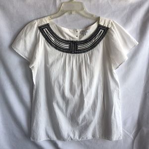 GAP Boho Peasant White Cotton Blouse, Black Embroidery, Light-Weight, Size Med